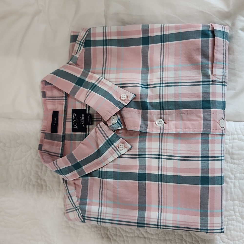 Mens j.crew pink and teal long sleeve dress shirt slim sz large flex washed